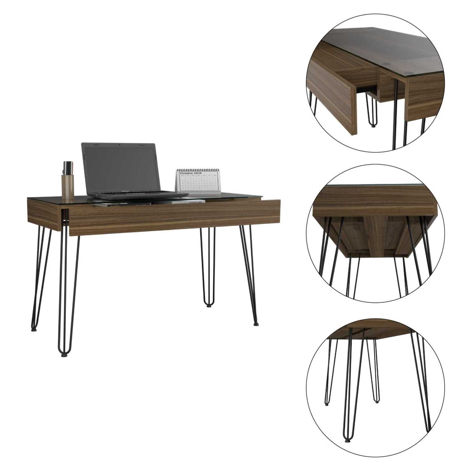 Asteroutdoor Mahogany 1-Drawer Rectangle Writing Desk with Hairpin Legs