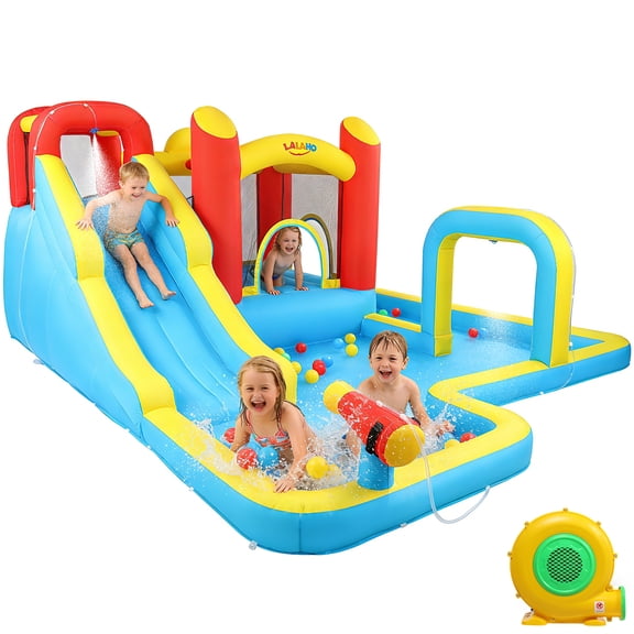 Ktaxon 7-in-1 Inflatable Water Slide Bounce House with Blower, Long Slide Water Park, Bounce Area & Archway Sprayer for Kids Backyard
