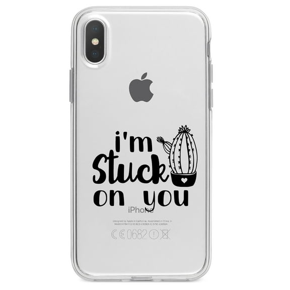 DistinctInk Clear Shockproof Hybrid Case for iPhone XR (6.1" Screen) - TPU Bumper Acrylic Back Tempered Glass Screen Protector - I'm Stuck On You Cactus