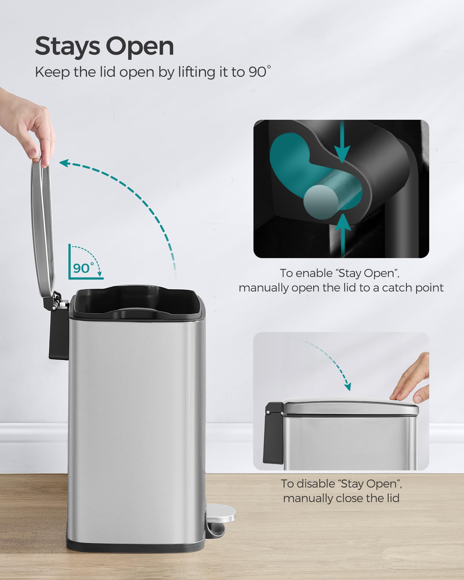 5.2-Gallon (20L) Trash Can, Garbage Can with Lid, Step Trash Bin for Kitchen, Stainless Steel, Soft Close and Stays Open, Inner Bucket, Includes 15 Trash Bags, Silver