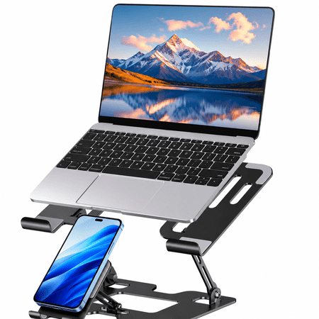 Adjustable Laptop Stand with Phone Holder, Foldable Metal Laptop Riser for Desk, Portable Ergonomic Computer Stand Compatible with 10-16 Inch Laptops, Tablets and Phones, Black