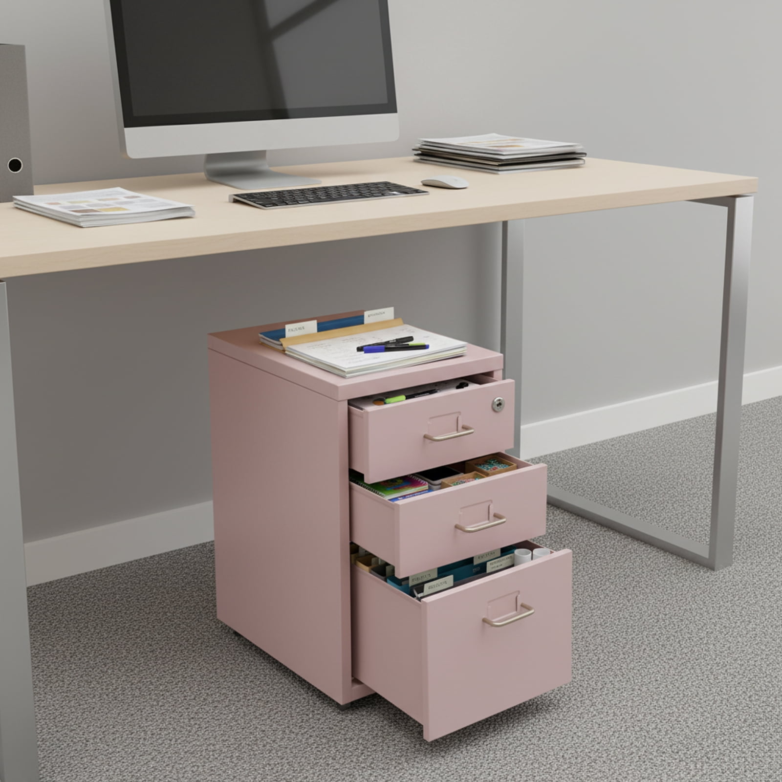 Pink 3 Tiers Metal Mobile File Cabinet Modern Vertical File Cabinet With Lock