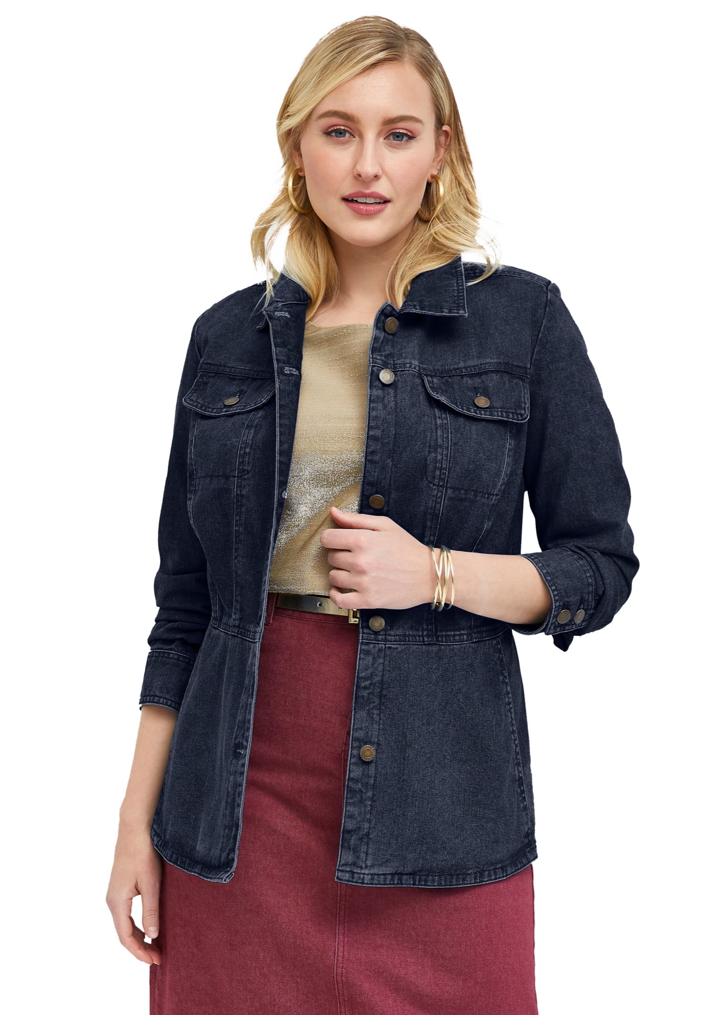 Jessica London Womens Plus Size Button Front Peplum Denim Jacket Feminine Jean Jacket
