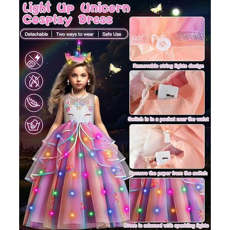 Princess Costumes for Girls, Light Up Unicorn Costume Dress Up for Girls Birthday Halloween Christmas Carnival Cosplay (130)