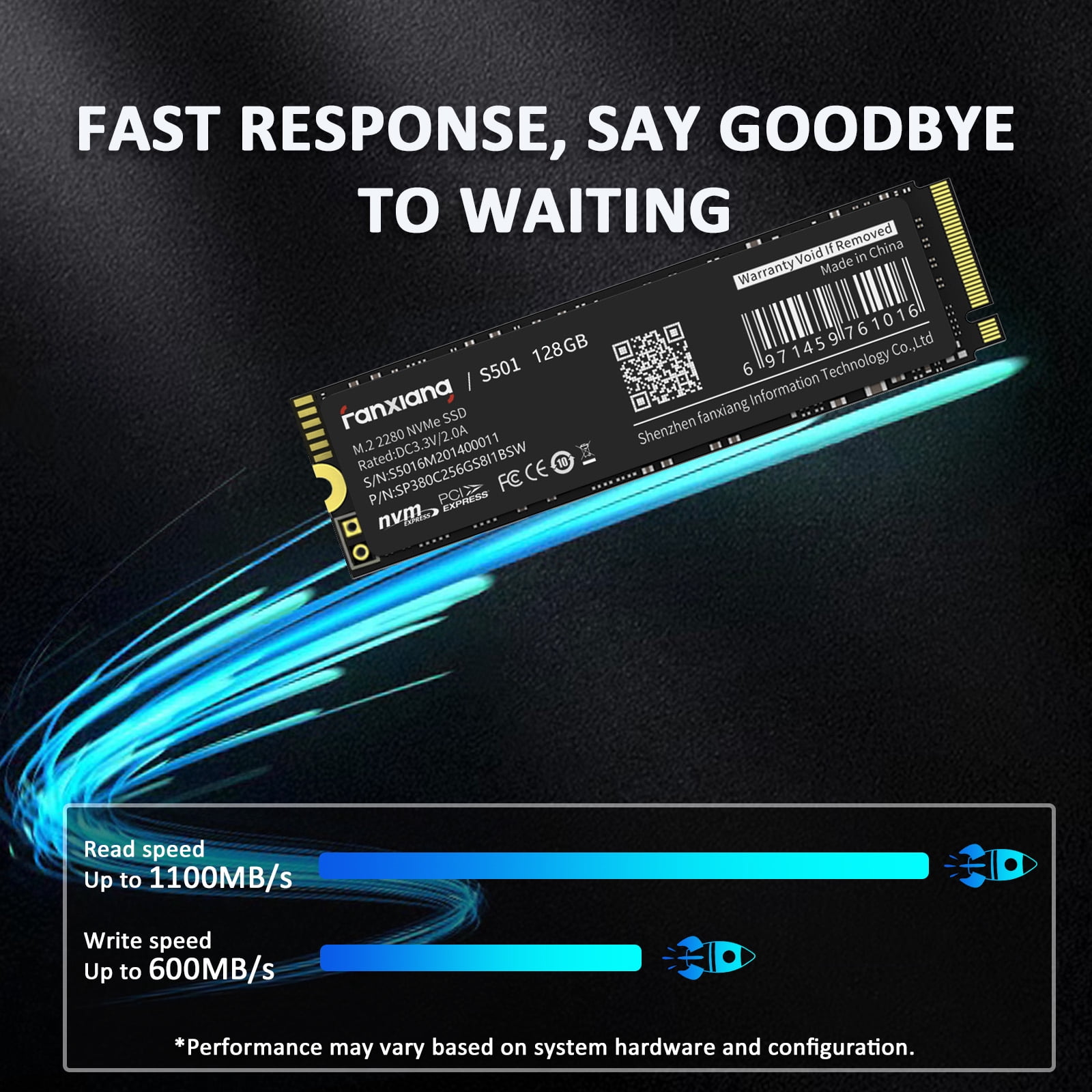 Fanxiang S501 128GB M.2 2280 PCIe Gen3 x4 NVMe SSD, 3D NAND Internal Solid State Drive Up to 1100MB/s for Laptop Desktop