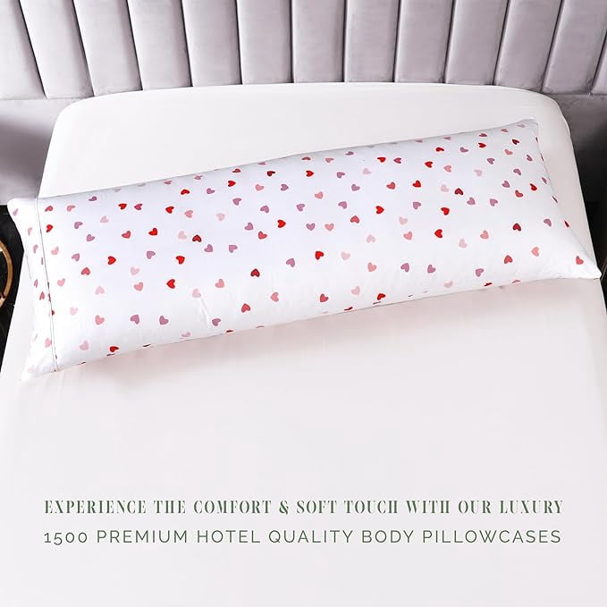 Hearts Pint Pillowcase - 1500 Series Hotel Quality Microfiber, Soft and Smooth Hidden Zipper Closure - Body Pillowcase, Valentina