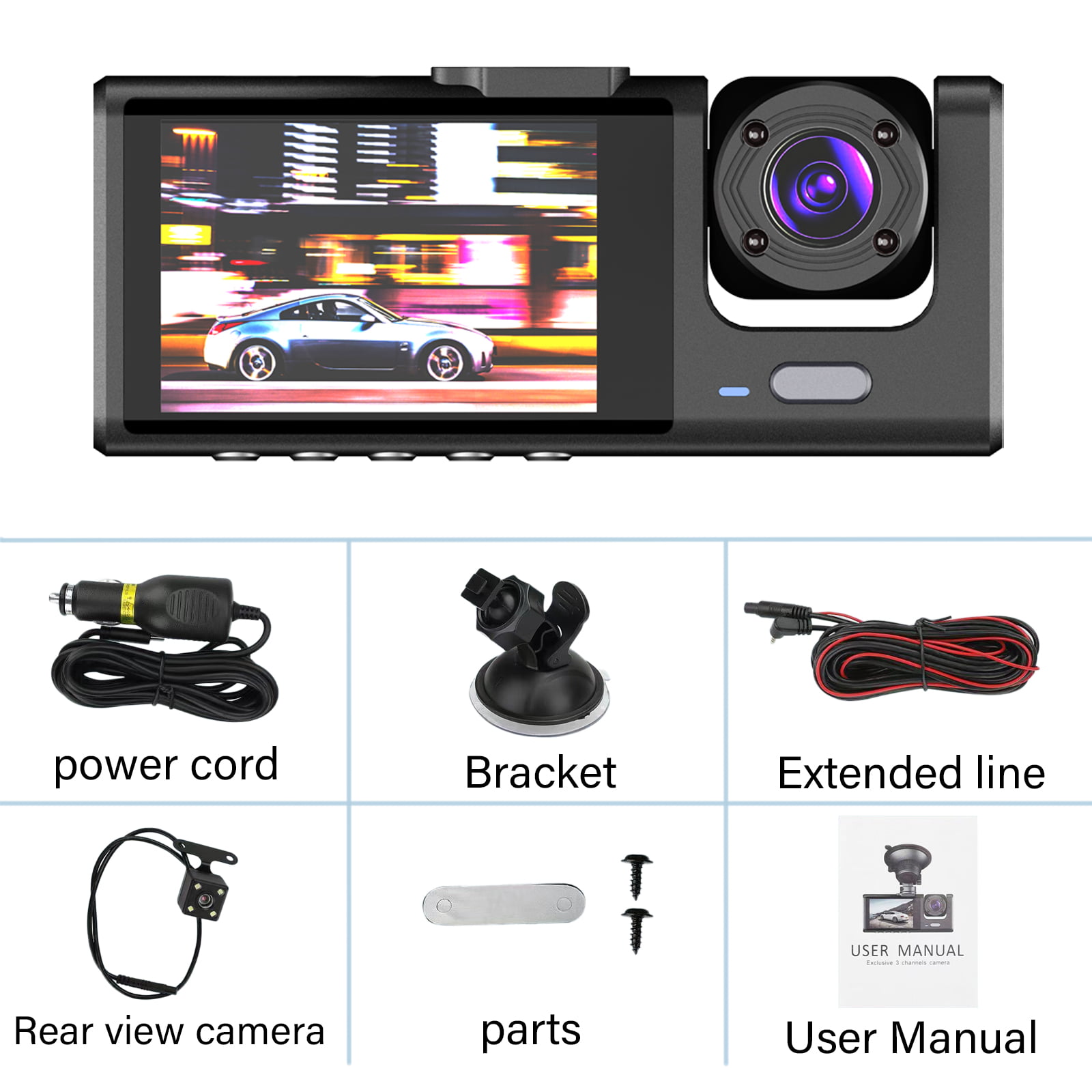 3 Channel Dash Cam Front And Rear Inside, 1080p Car Dvr Camera Video  Recorder G-sensor Night Vision/parking Monitor/accident Lock/loop Recording  - Temu