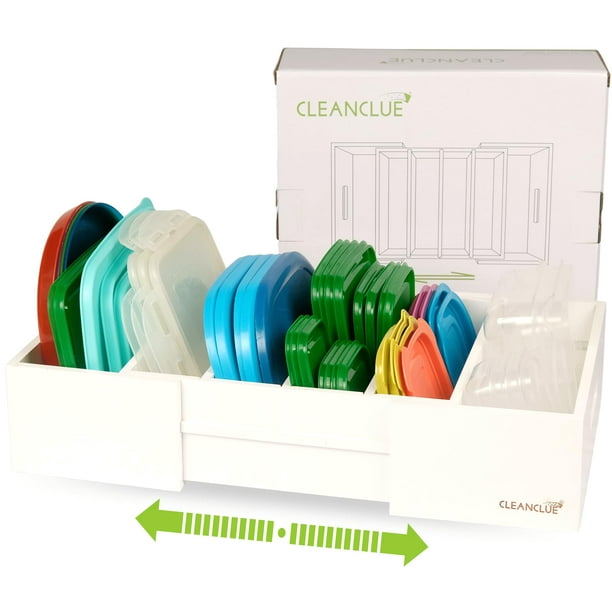 Cleanclue Organizador expandible para gabinete de cocina para almacenamiento de alimentos, tapas de contenedores, cajón de bambú, caja divisoria ajustable para almacenamiento y organización de cocina,