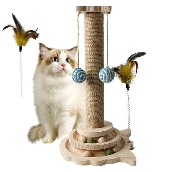 Cat Scratching Post - 4 in 1 Wooden Cat Scratcher Toy, 18" Tall Scratch Post with 2 Level Cat Track Balls, 2 Interactive Feather Toys and 2 Sisal Hanging Balls for Indoor Kittens, Adult Cats, Gifts