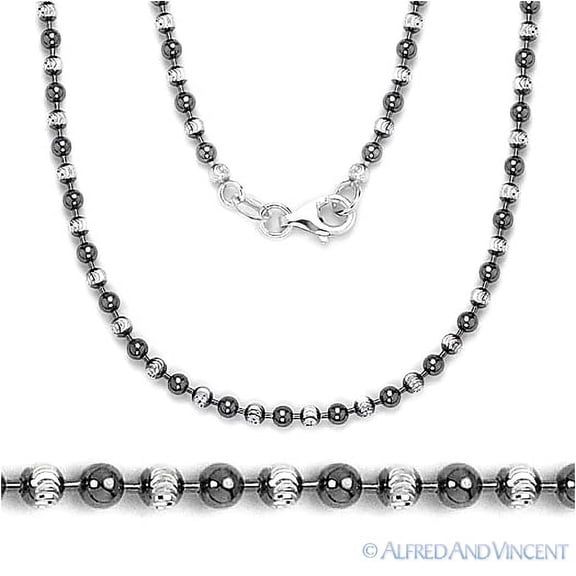2.5mm Polished & Pave Ball Bead Chain Necklace in .925 Sterling Silver w/ Black Rhodium