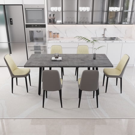 Expandable Rectangular Dining Table Set for 4-6 People with 6 PU Fabric Thick Padded Chairs Kitchen Table and Chairs Black Metal Legs