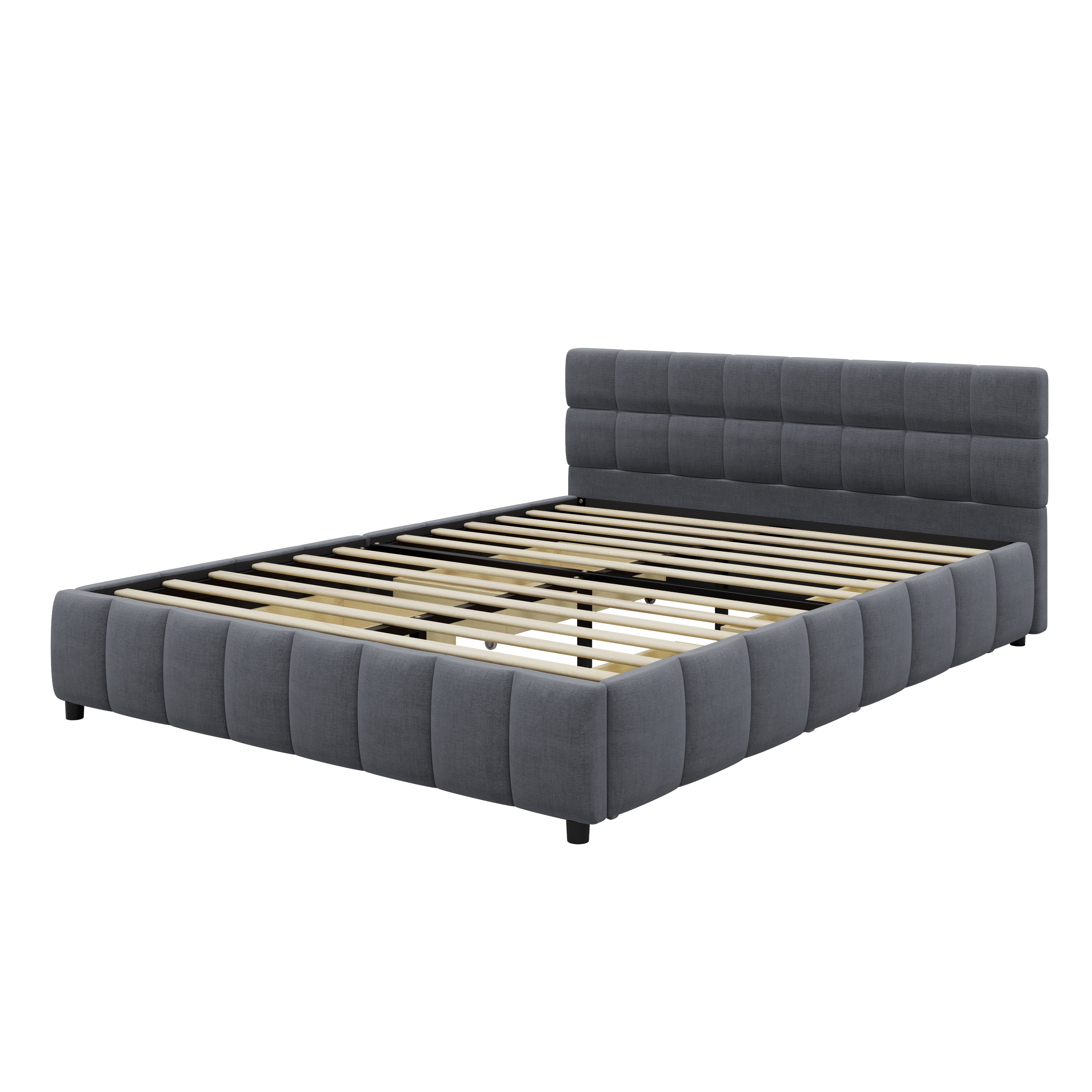 GARITIN Queen Upholstered Platform Bed Frame 86.6 Inch, Bed Frame with 4 Storage Drawers and Block Grid Tufted Headboard, Gray