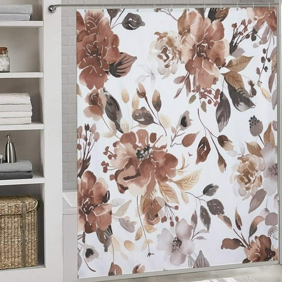 Boho Floral Shower Curtain, Cream Tan Beige Farmhouse Watercolor Flower Fabric Shower Curtains Set For Bathroom Home Decor Set With 12 Pack Plastic Hook 72"W x 84"L