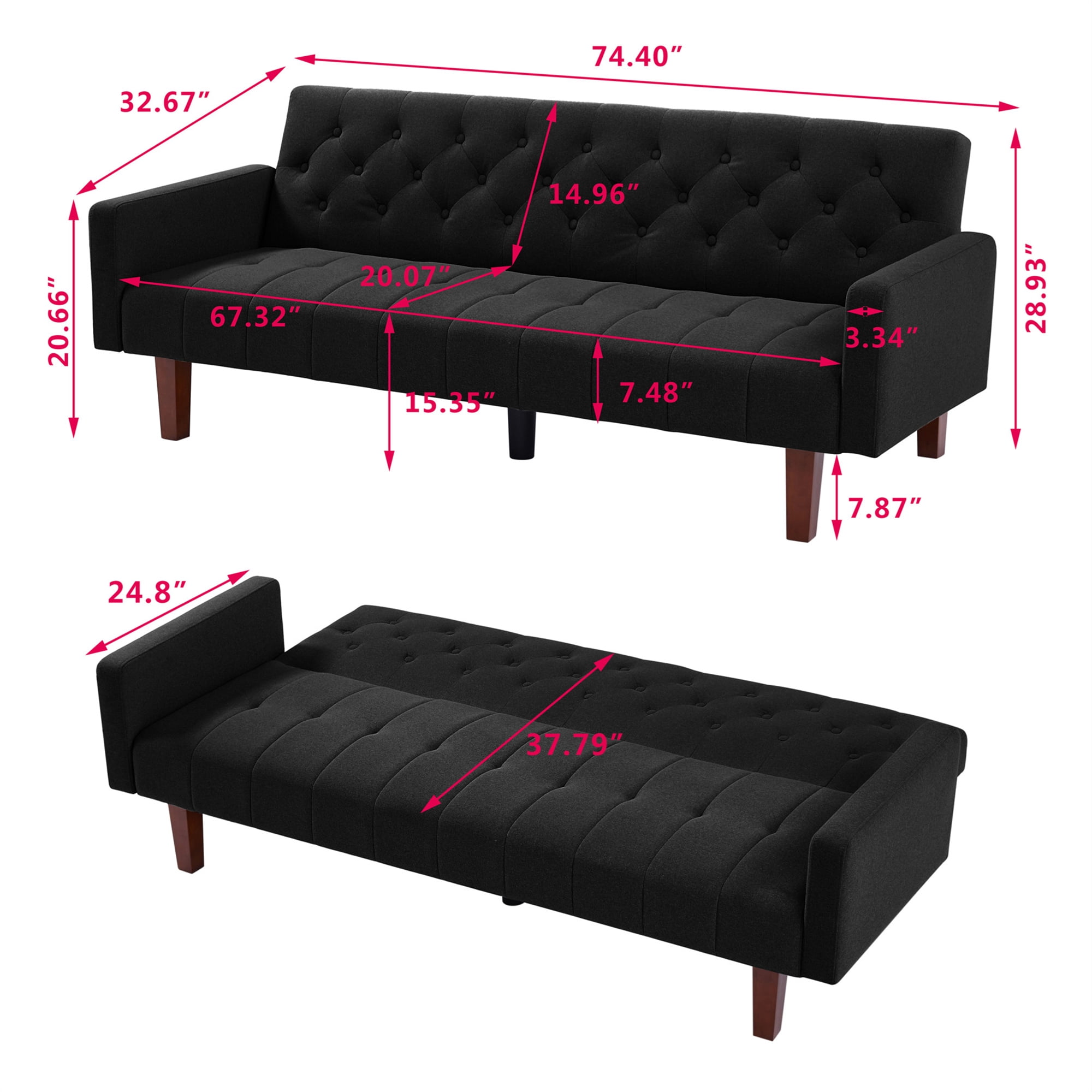 Aukfa 75" Tufted Futon Convertible Sofa Bed, Upholstered Arm Couch for Home Office, Black