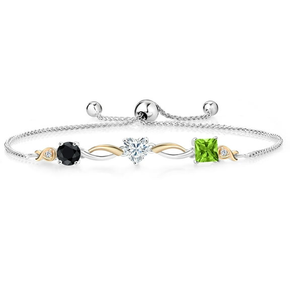 925 Silver and 10K Yellow Gold Black Sapphire Near Colorless White Moissanite Green Peridot and Lab Grown Diamond Tennis Bracelet for Women By Keren Hanan (2.22 cttw, Adjustable up To 9 inch)
