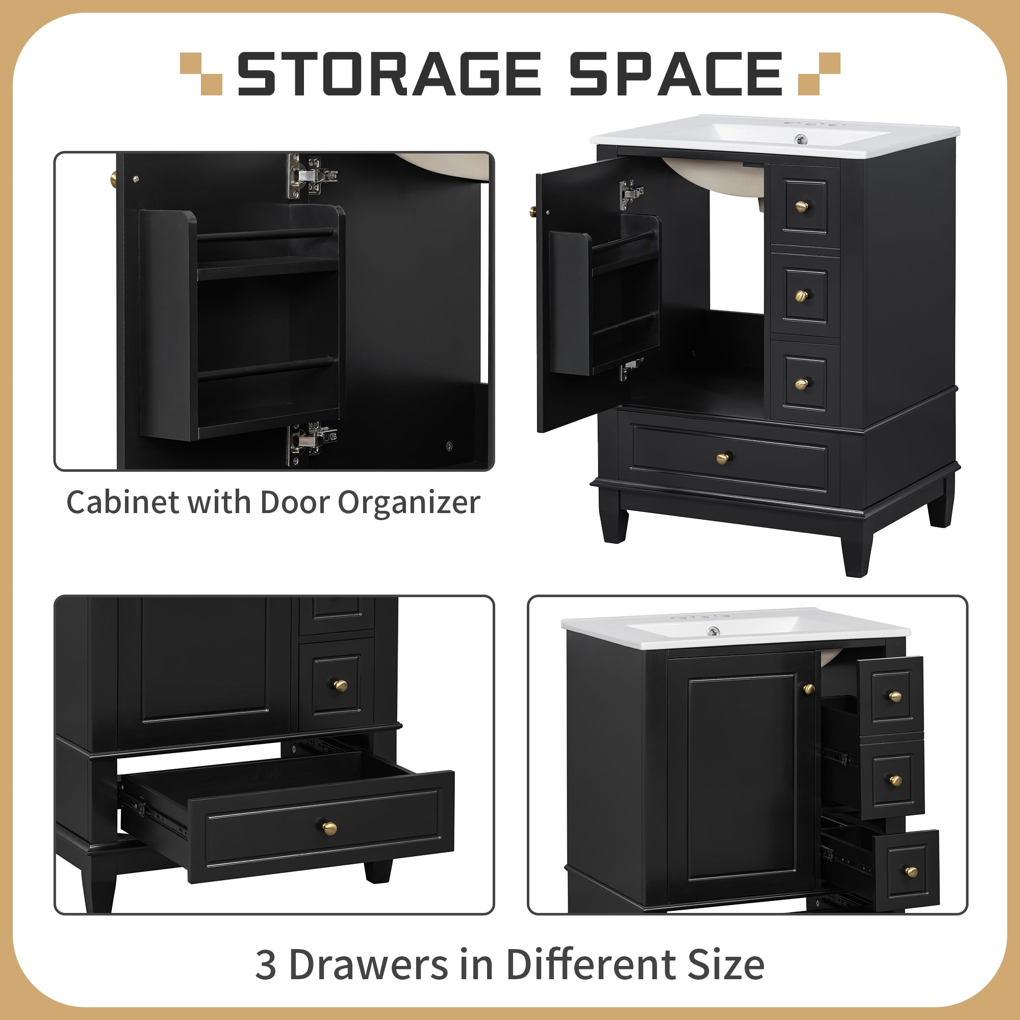 Aukfa 24" Bathroom Vanity with Ceramic Sink, Freestanding Solid Wood Base Cabinet,3 Drawers & Side StorageBlack