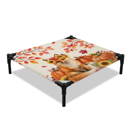 Fall Maple Leaf Elevated Dog Bed Country Vintage Farmhouse Orange Pumpkins Berry Cooling Breathable Outdoor Raised Dog Cot Bed with Metal Frame Non-Slip Feet for Small Dog 20x20in