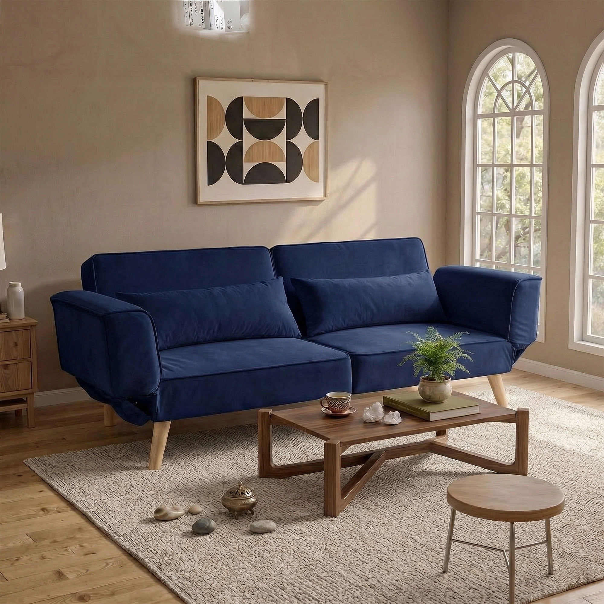 CARZZI LIFE Futon Sofa Bed, Sleeper Sofa, Small Velvet Couch with 5 Adjustable Armrests 3 Splitback Settings 600 LBS Capacity Easy Assembly for Living Rooms Apartments Guest Rooms, Navy Blue