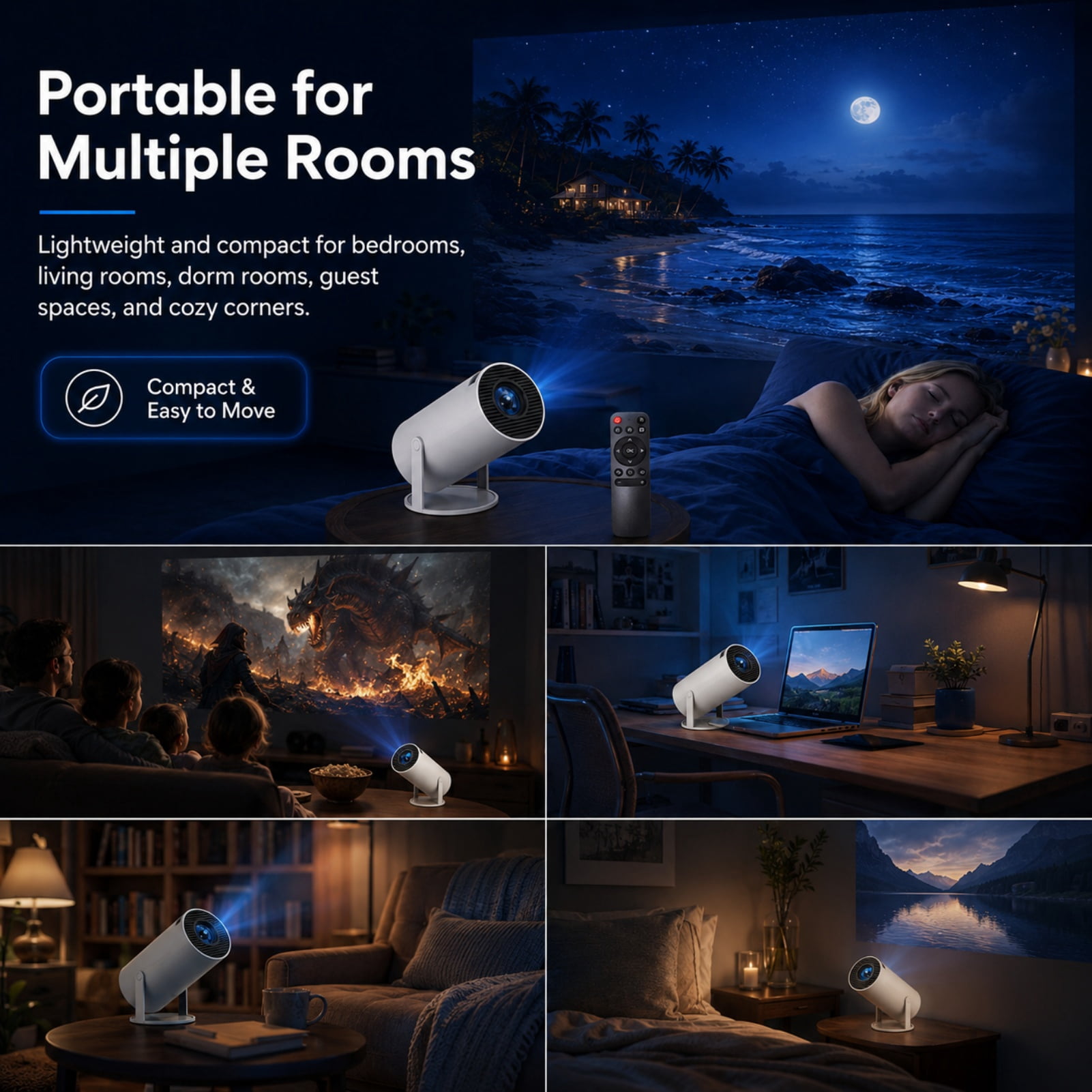 Simplifytech Cinex Mini Projector, Bluetooth 5.4 and Wifi 6 Capabilities, Flexible 180° Projection and Automatic Image Calibration, HD Input Support with Built-In Audio, Suitable for Indoor Use