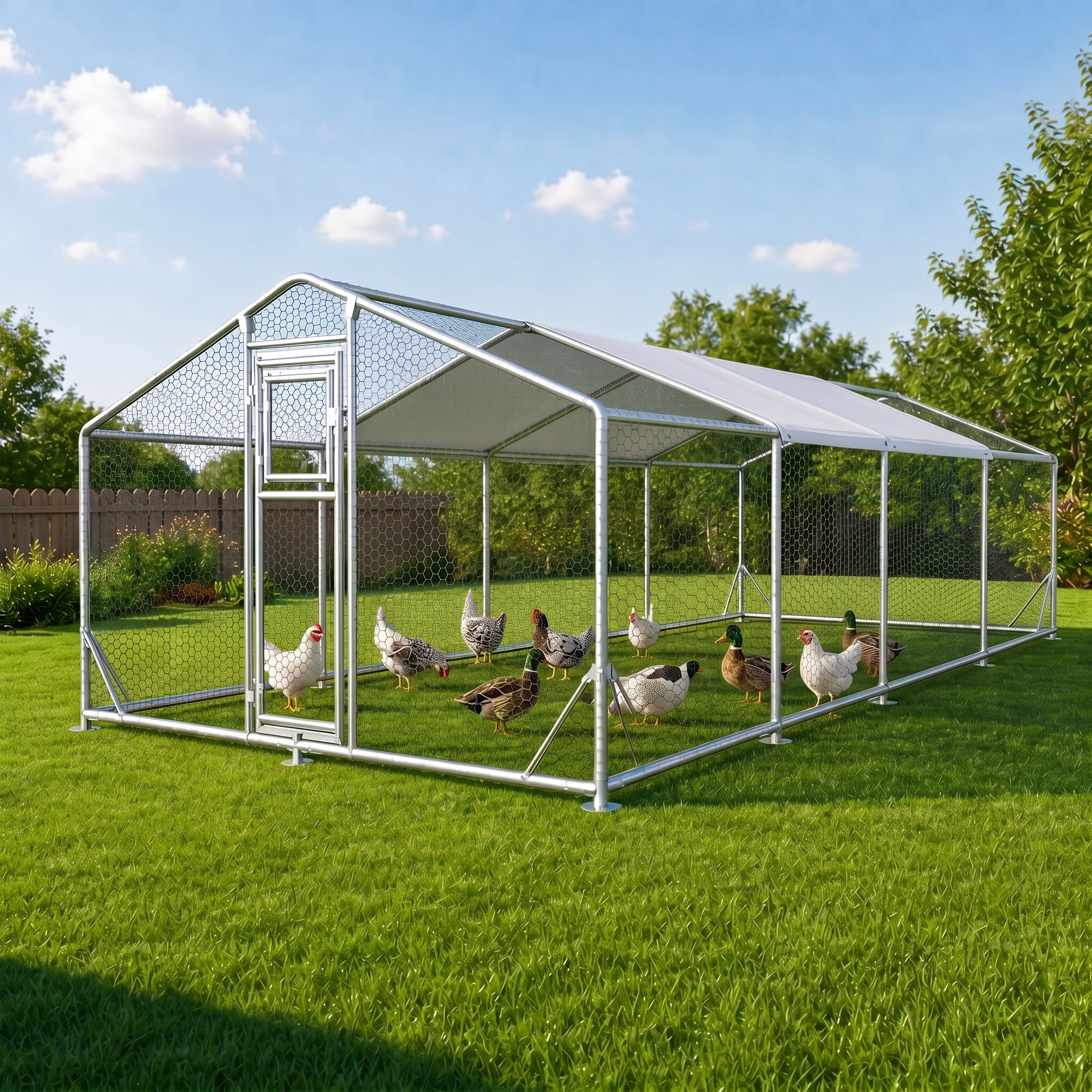 Hanover Outdoor Wooden Chicken Coop with Ramp, Large Wire Mesh Run