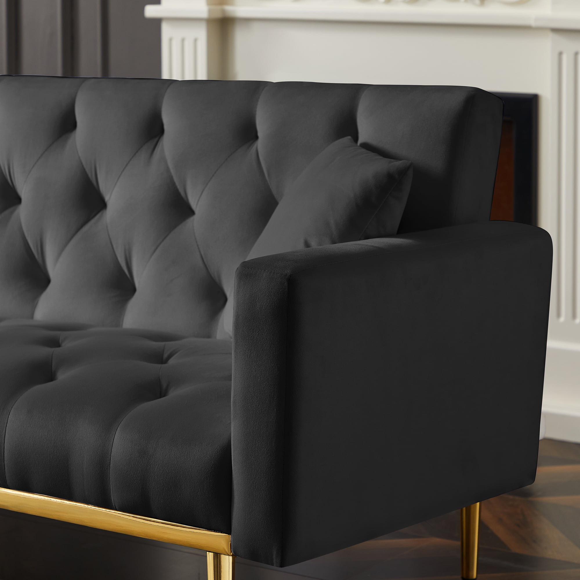 Kadyn Velvet Upholstered Sofa, Modern Convertible Folding Futon Sofa Bed for Apartment, Living Room Sofa with 2 Throw Pillows, Black