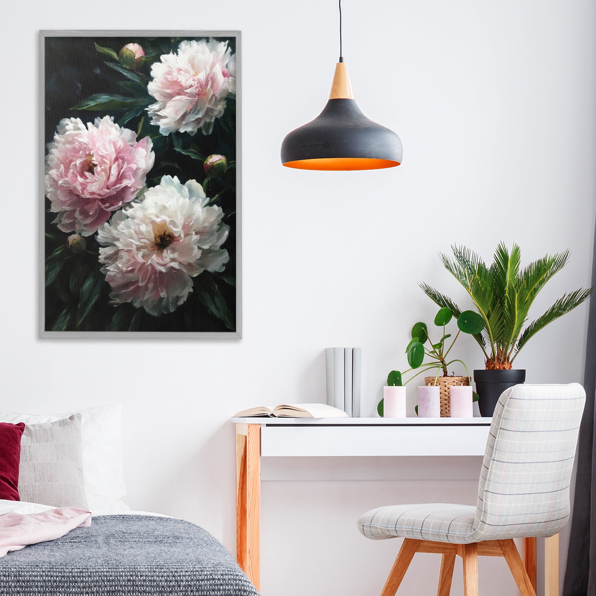Stupell Industries Soft Pink Peony Garden Gray Framed Giclee Art, design by Petal Prints Design