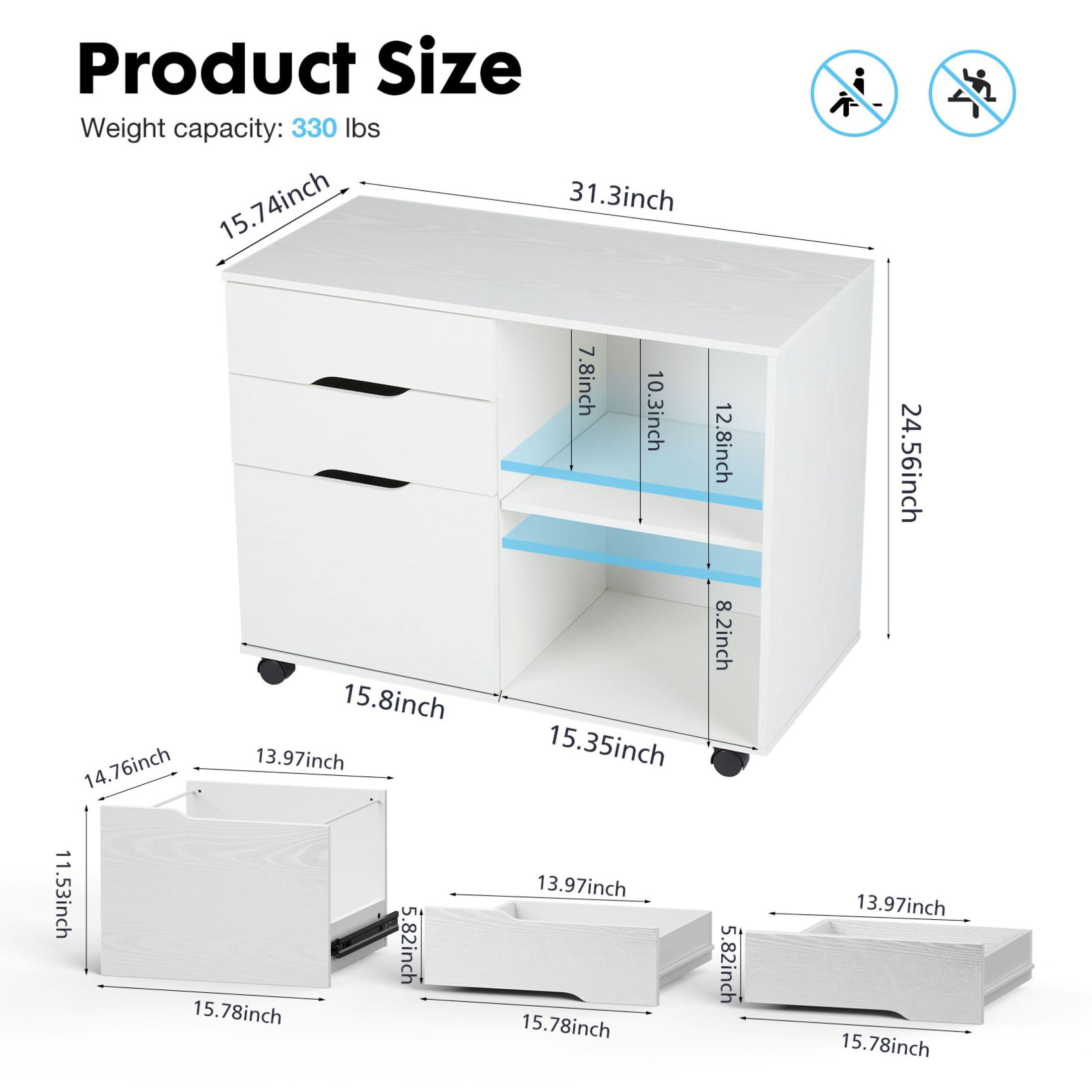 GIANNA 3 Drawer File Cabinet with Wheels, Rolling Wood Printer Stand and Open Storage Shelves for Home Office, White