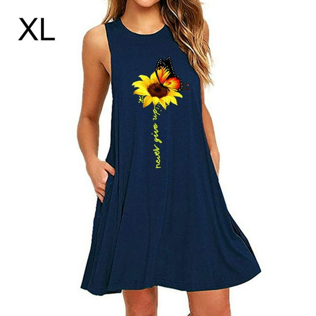 Robe Courte Sans Manches Midi Gilet Robe Femme Imprimé Robe d'Été Tenues d'Été, Bleu Foncé, XL
