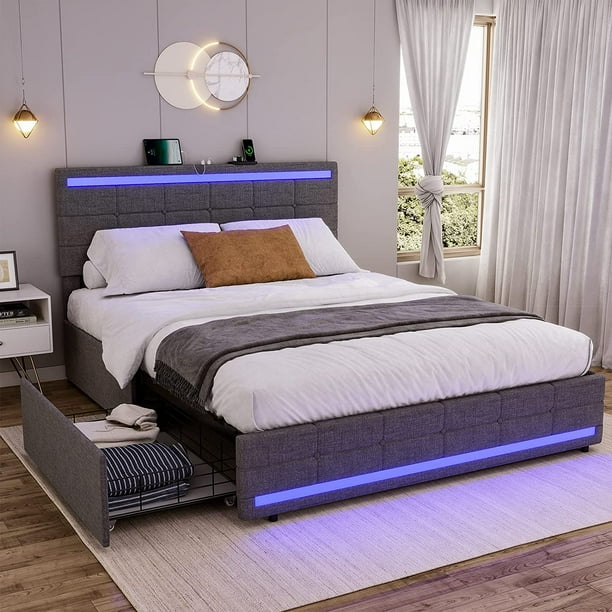 Tiptiper LED Bed Frame Full Size with 2 USB Ports, Queen Platform Bed Frame with LED Headboard