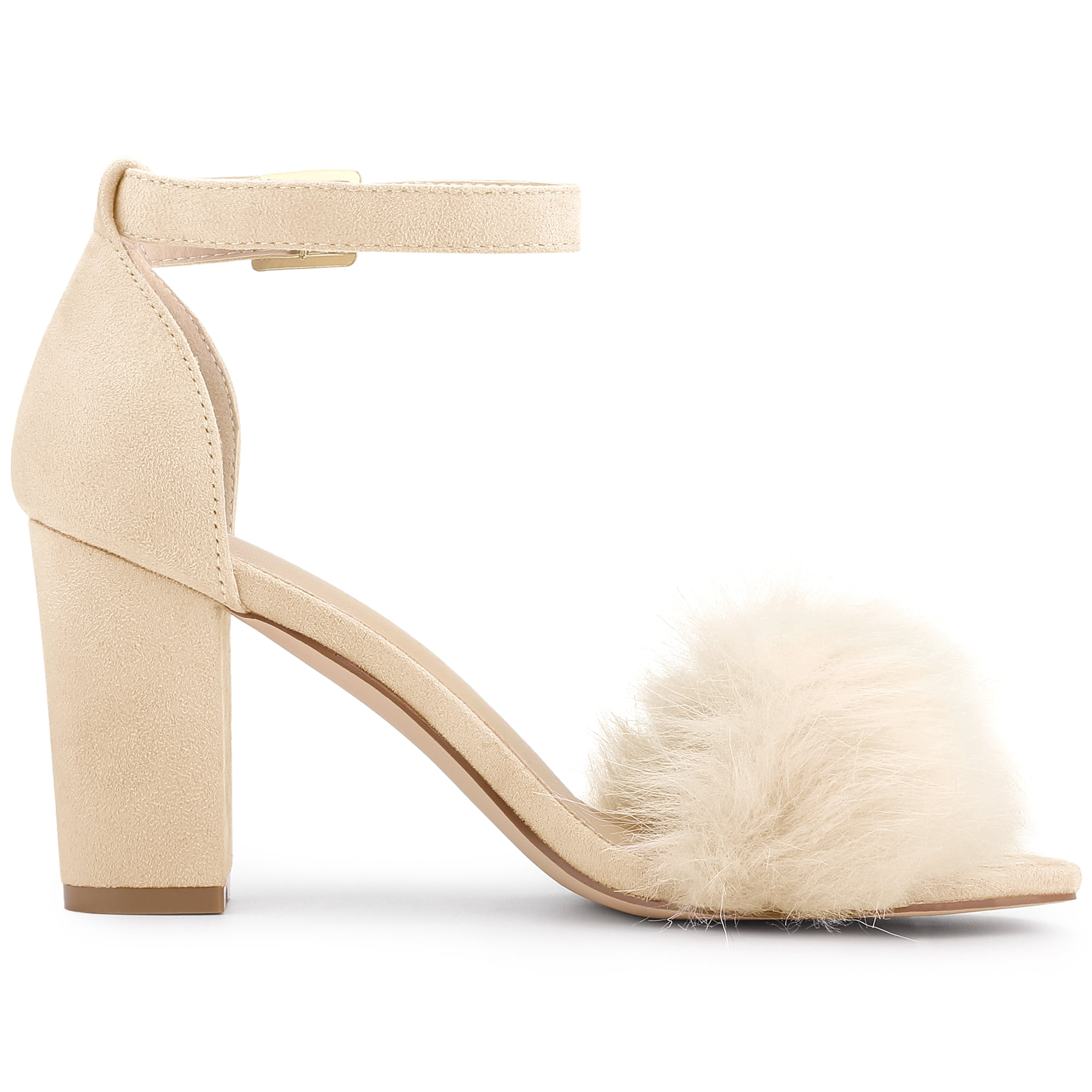 DARING DIVA Women's Ankle Strap Faux Fur Block Heels Beige Sandals for Wear Beige 10