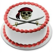 7.5" Pre-Cut Round Pirate Skull & Crossed Swords Themed Birthday Edible Image By TNCT