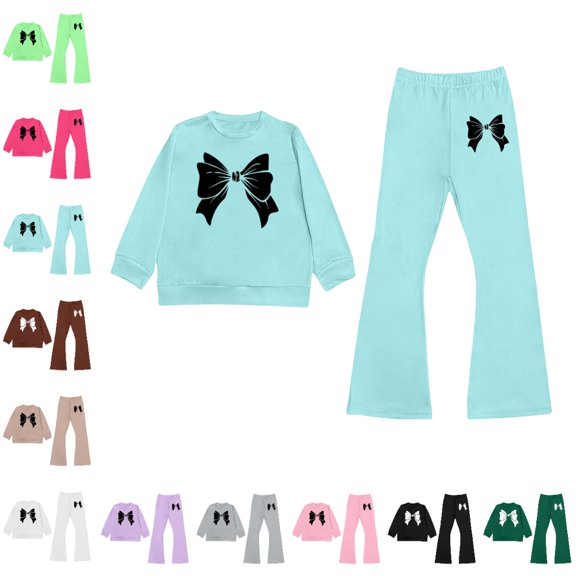 GPOECD Outfits for Girls Long Sleeve Top and Flare Pants with Bow Print Elegant Two Piece Outfit Girls' Clothing Sets,Sky Blue,8-9 Years