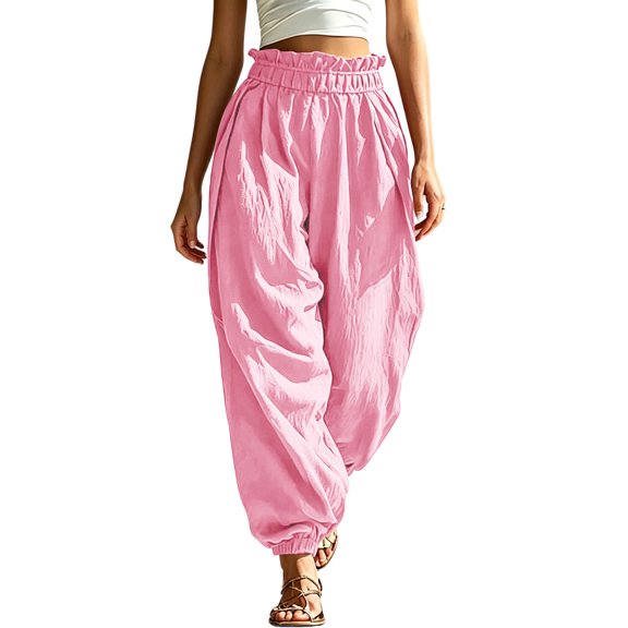 Aezemi Womens Ruffle Elastic Waist Trousers Fashion Comfy Pull on Summer Joggers Summer Walking Daily Casual Spring Pants with Pockets S
