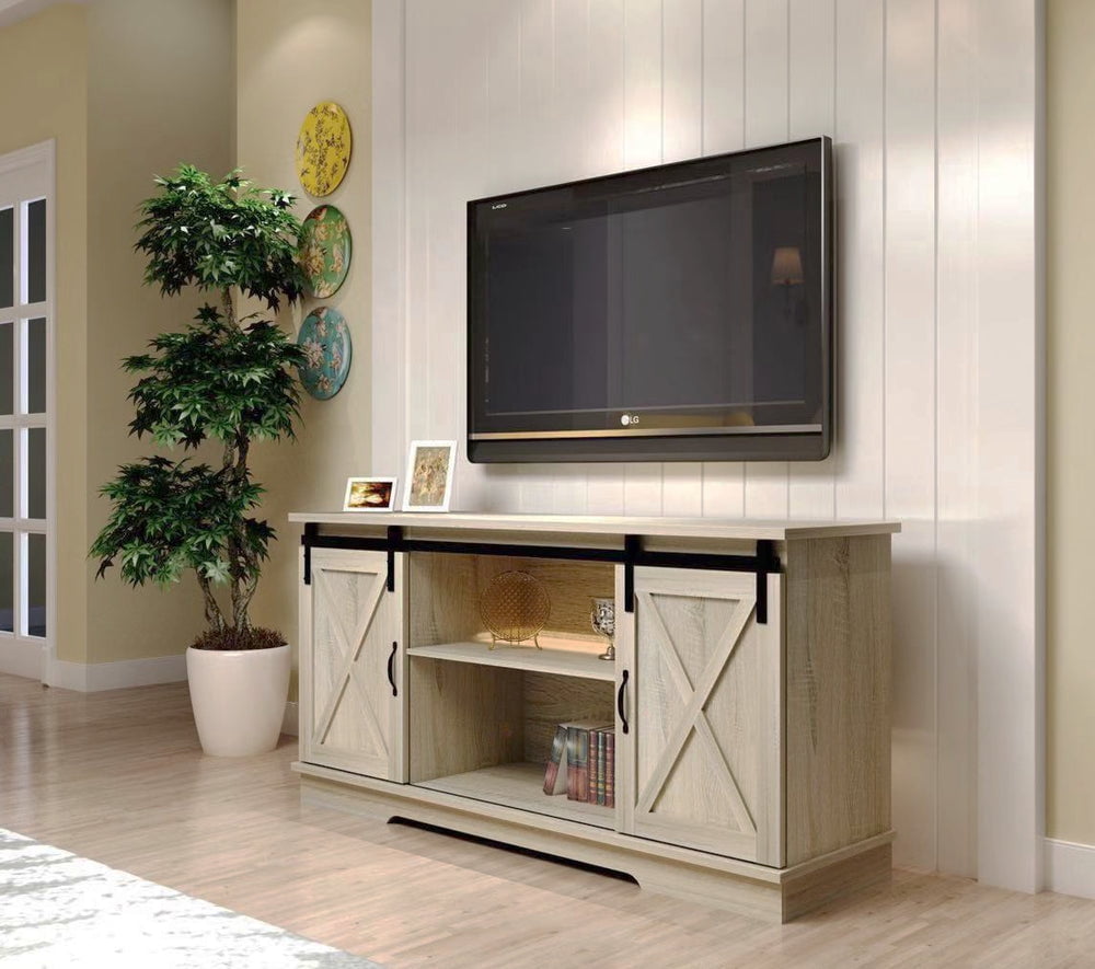 Farmhouse TV Stand for TVs Up to 65 Inch with Sliding Barn Doors and Adjustable Shelves, White Oak