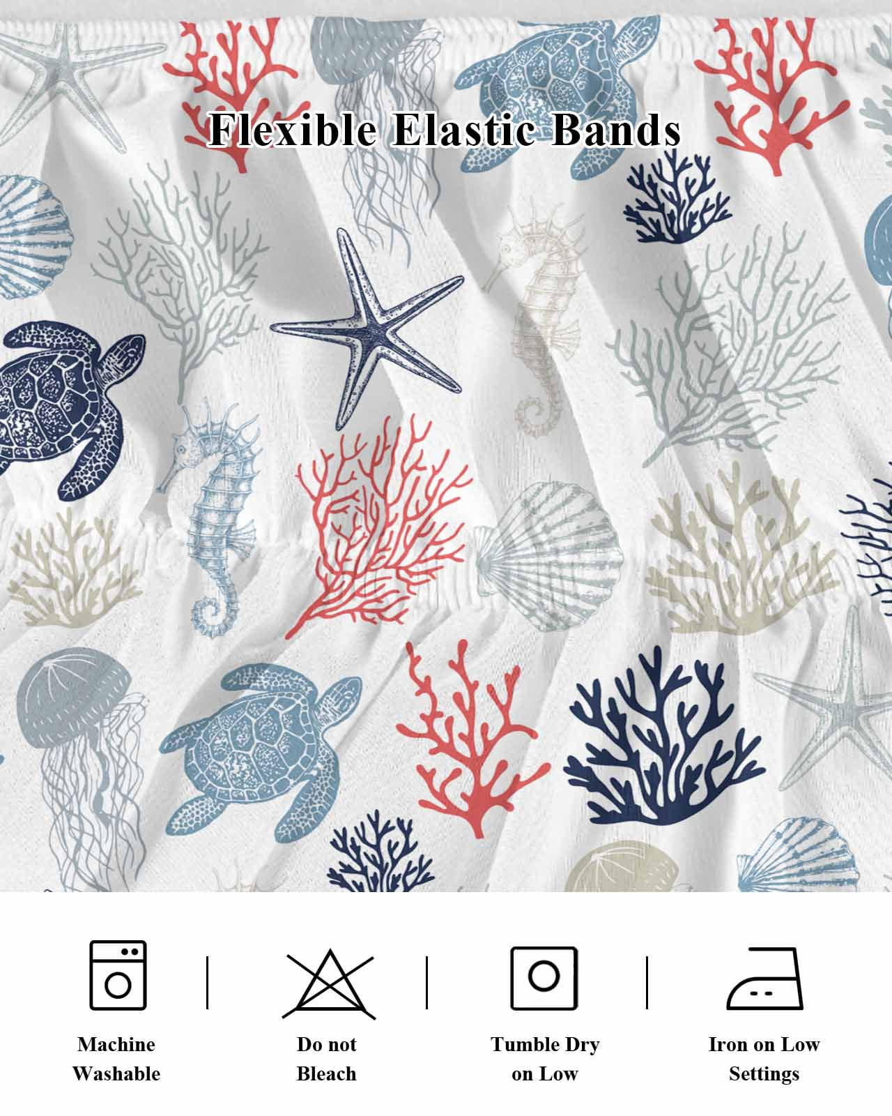 Blue Red Coastal Bed Skirt King Size, Nautical Summer Beach Coral Sea Turtle Wrap Around Bed Skirting with Adjustable Elastic Strap, Dust Ruffled Pleated Bedskirts 18 Inch Drop for Bedroom King Beds