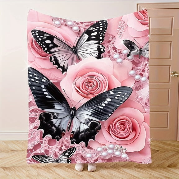 Pink Rose Butterfly Romantic Elegant Theme Flannel Blanket Fashionable Soft Warm All Season Multifunctional Gift Blanket Perfect Sofa Bed Office and Travel Ideal Holiday Birthday Gift