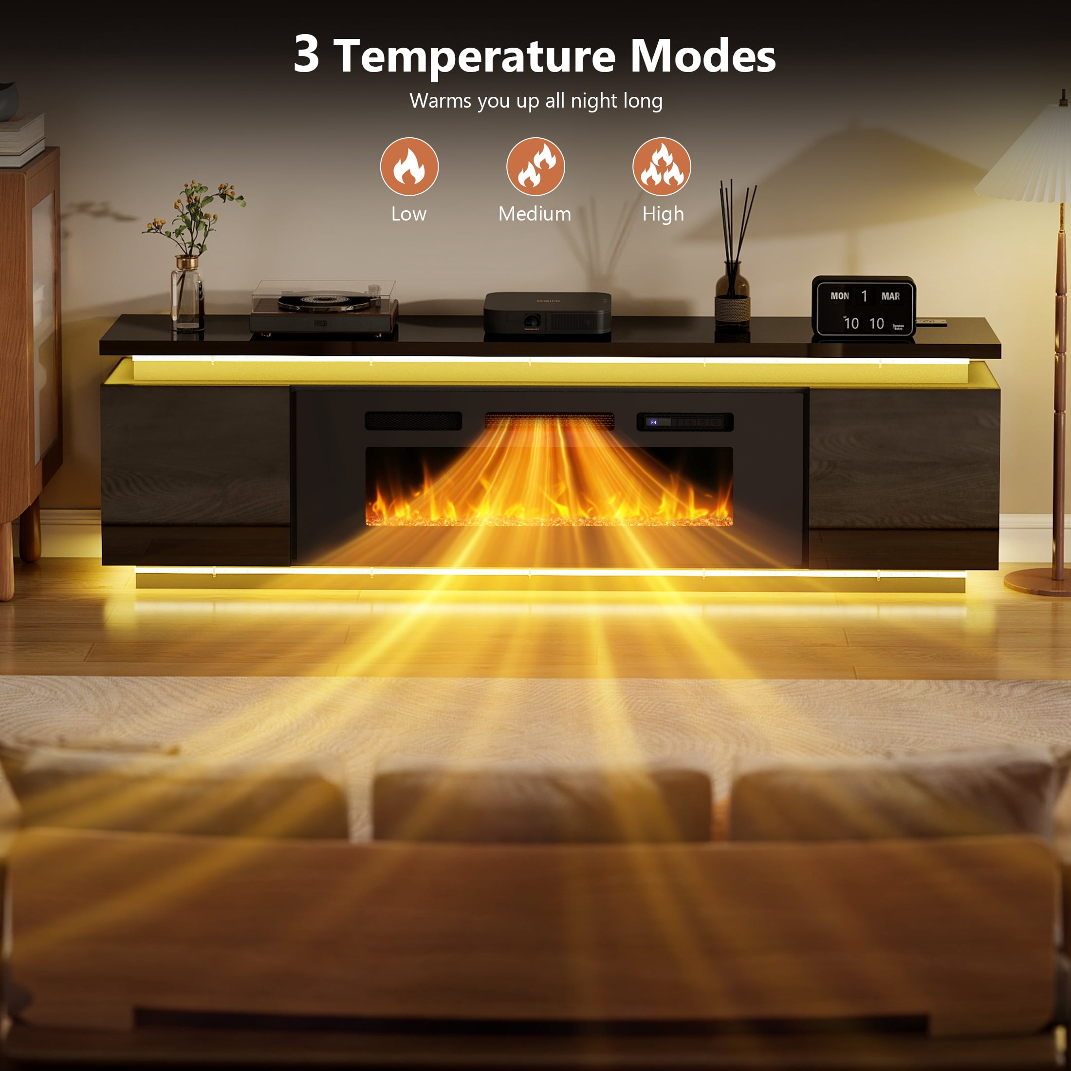 Anrist Electric Fireplace TV Stand for TVs up to 80" with LED Lights & 4 AC Power Outlets, TV console for Living Room, Black, Ship in 2 Boxs
