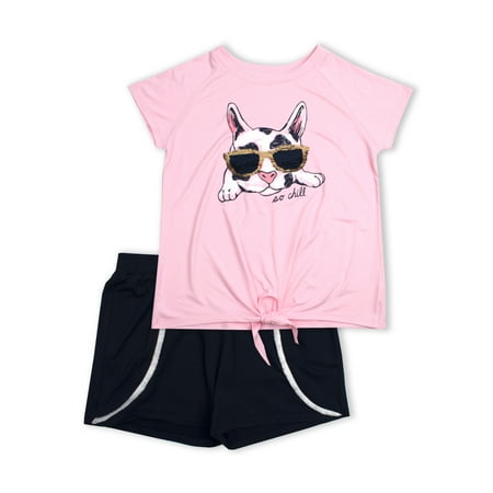 Aeropostale Womens Outfits P.S.09 From Aeropostale Reversible Flip Sequin Tie Front Tee and Pom Trim Short, 2-Piece Outfit Set (Little Girls & Big Girls) ()