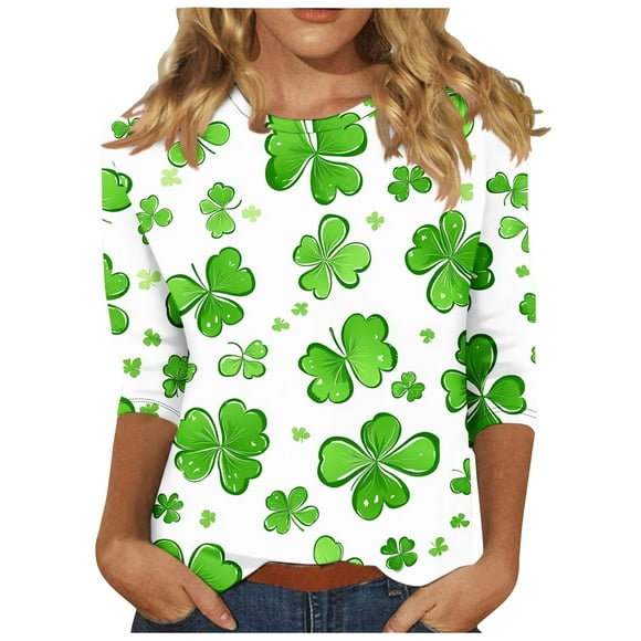 Staron Clearance Sale Womens 3/4 Sleeve Tops and Blouses St Patricks Day Irish Shamrock Tshirts Crew Neck Tunic Basic Tees Shirts Cute Heart Green Floral Print Blouses