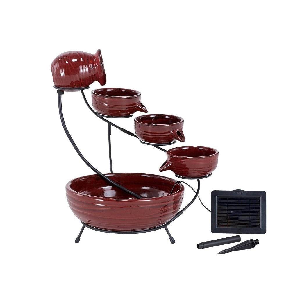 Solar Water Fountain, Red Ceramic Cascade Decorative Powered Water Fountain Decor by Smart Solar
