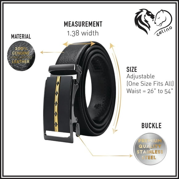 Celino Black & Gold Adjustable Ratchet Slide Buckle 100% Genuine Leather Belt for Men, One Size Fits All, Made in Europe