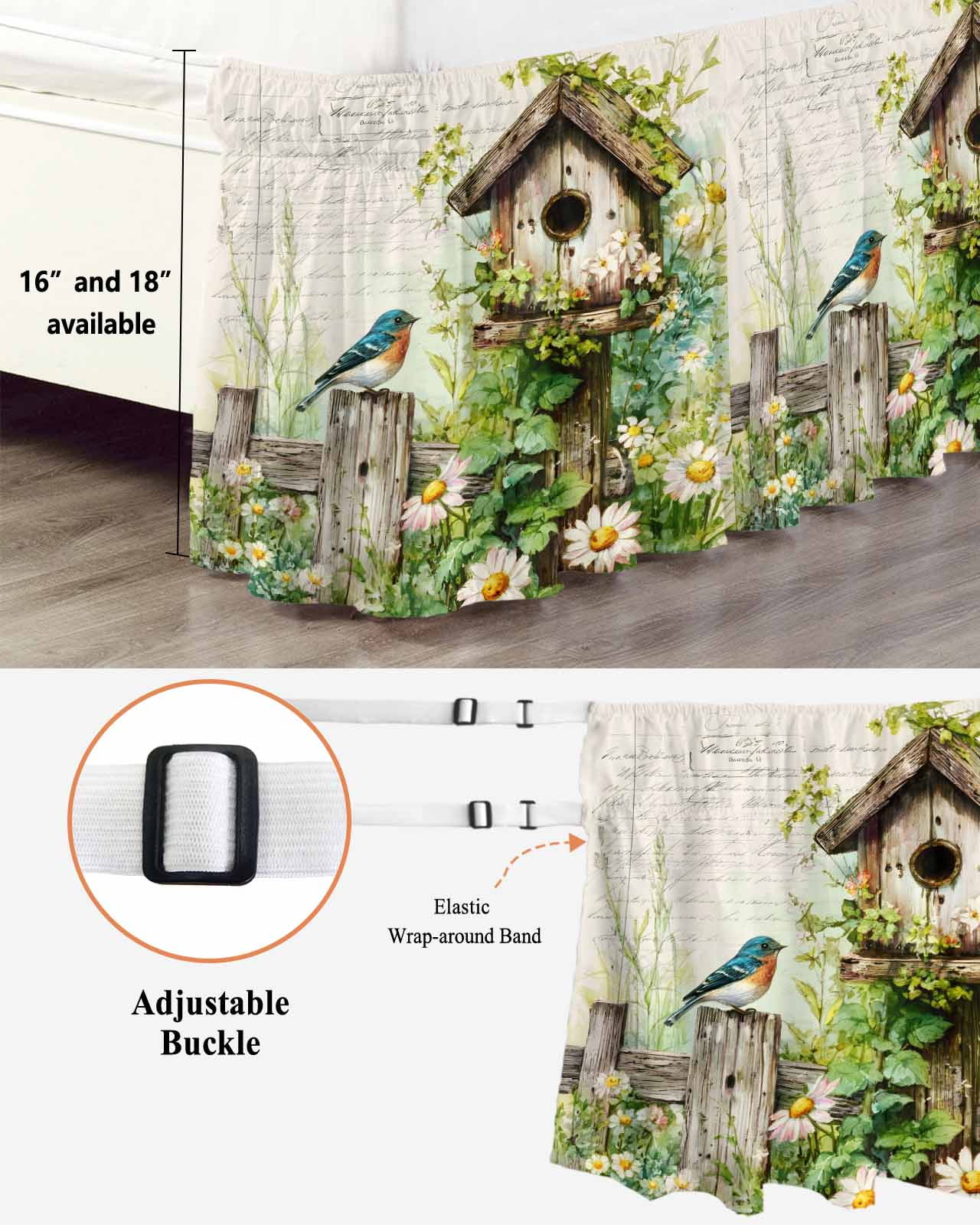 Spring Flowers Bed Skirt Queen Size 16 Inch Drop, Country Bird House Fence White Daisy Leaf Beige Adjustable Elastic Dust Ruffles Bedskirt for Queen Bed Wrap Around Pleated Mattress Frame Cover