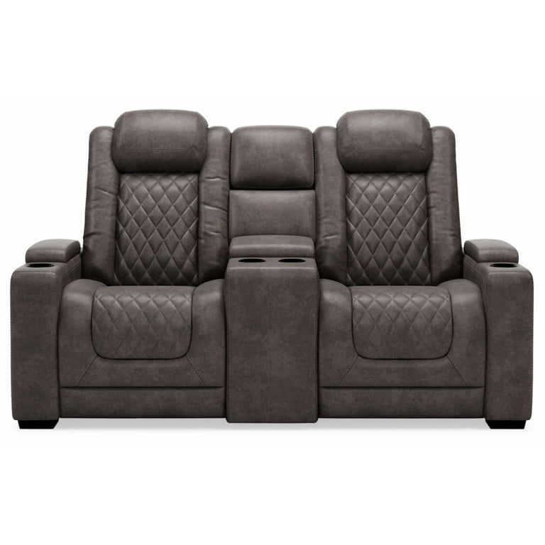Ashley Furniture HyllMont Faux Leather Power Reclining Loveseat in Charcoal Gray
