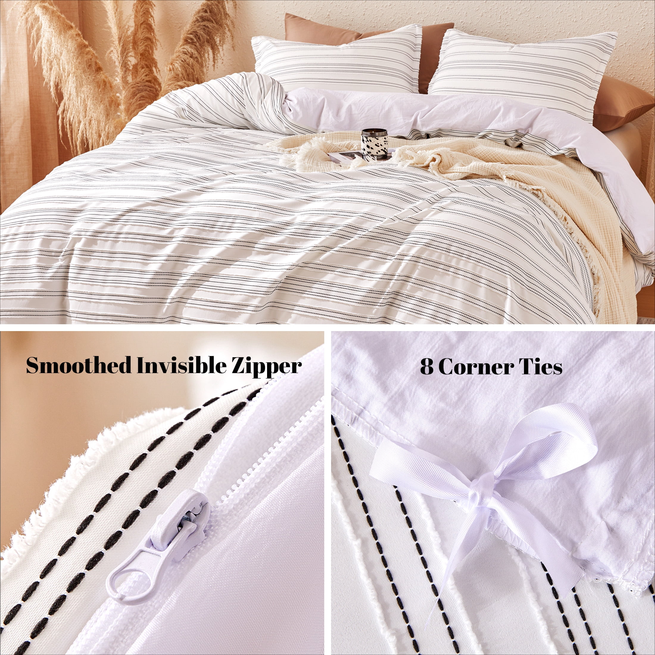 Sonive Geometrical Duvet Cover Set Black Striped, 3 Pieces Modern Pattern with Pillow Sham, Full
