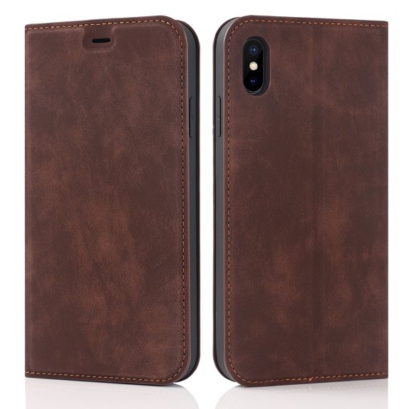 TECH CIRCLE for Apple iPhone XS Max Wallet Case,Durable Solid Color PU Leather Full Protection Magnetic Closure Flip Stand RFID Blocking Card Slots Phone Cover,Coffee
