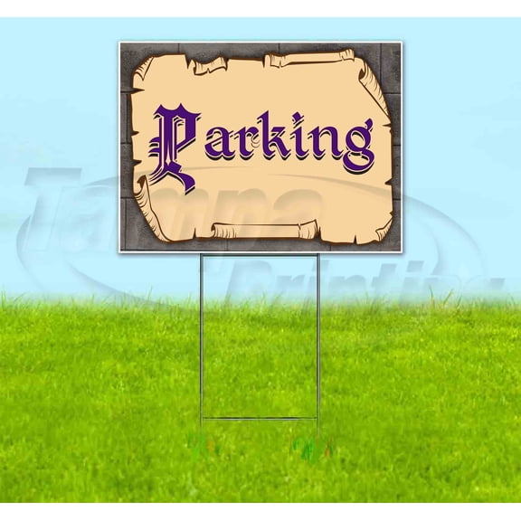 Medieval Fair Parking Purple Scroll (18" X 24") Yard Sign, Includes Metal Step Stake
