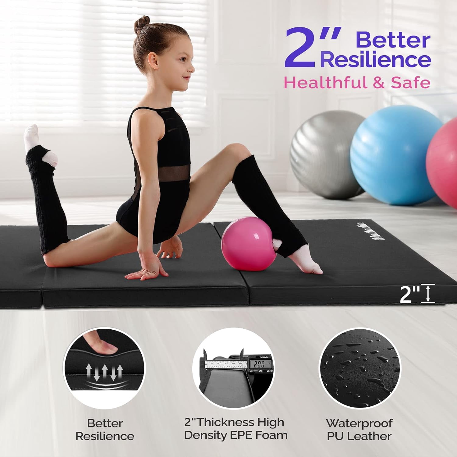 Matladin 6' Folding Tri-fold Gymnastics Gym Exercise Aerobics Mat, 6ft x 2ft x 2in PU Leather Tumbling Mats with Hook & Loop Fastener for Stretching Yoga Cheerleading Martial Arts