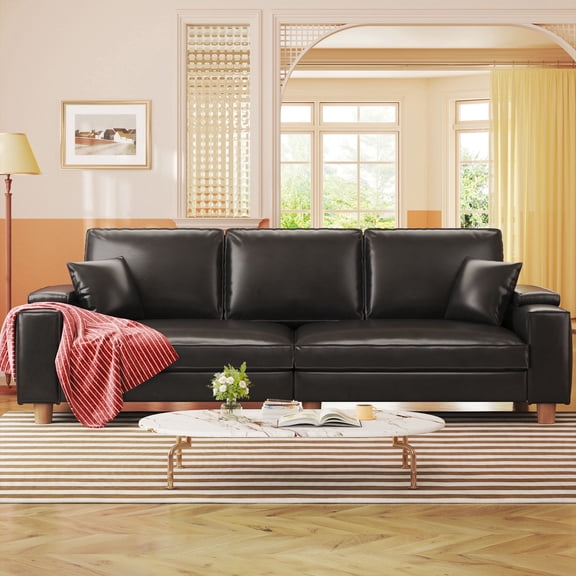 101" Large PU Leather Sofa Couch, Spring Cushion Modern Couch with 24" Extra Deep Seat, Wide Storage Armchair, Comfy Upholstered Oversized Loveseat (Includes 2 Pillows) for Living Room, Office, Black