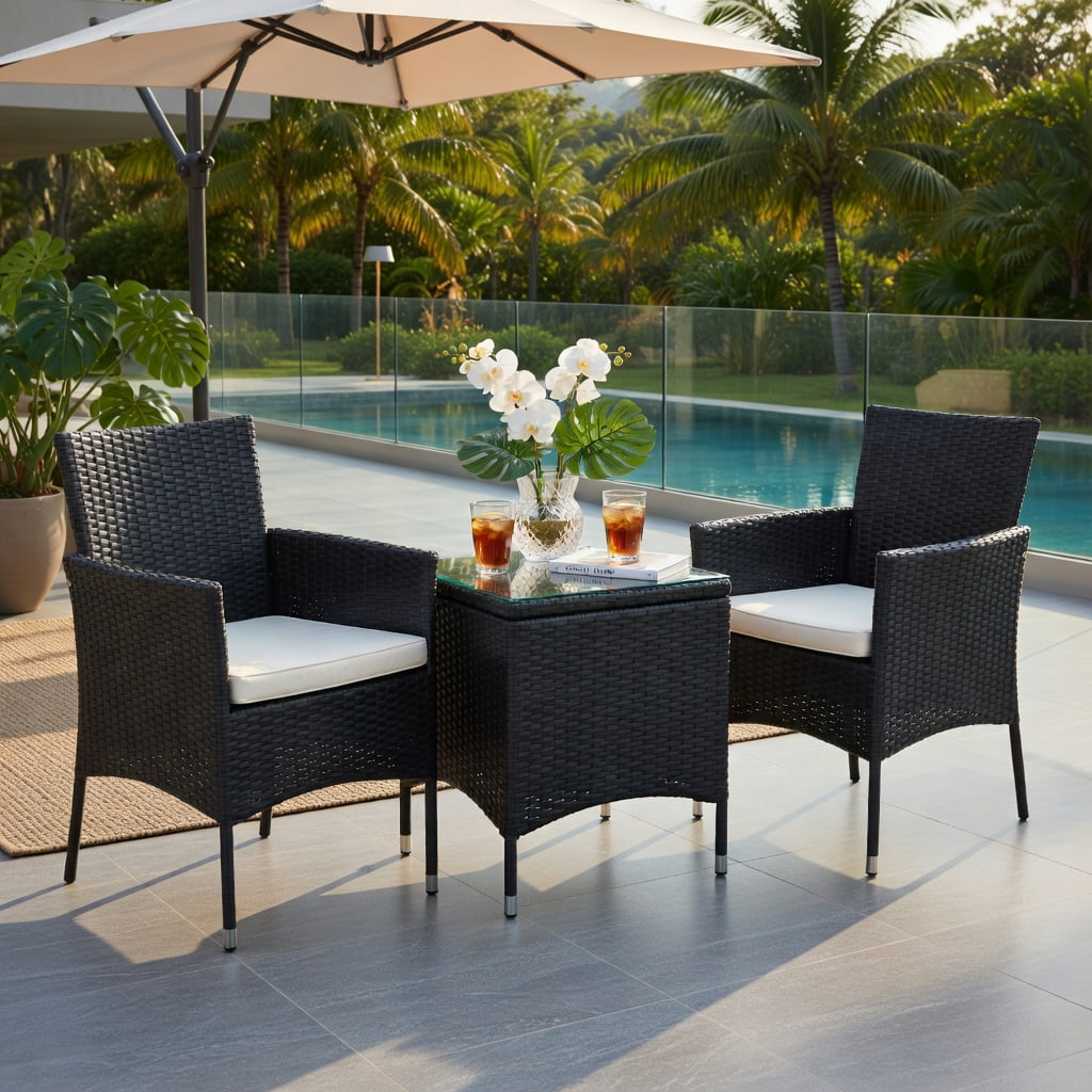 Hommoo 2-Pack Outdoor Wicker Patio Chairs with Off-White Cushions, Weatherproof PE Rattan, Steel Frame, Ideal for Backyard, Poolside & Garden, Black