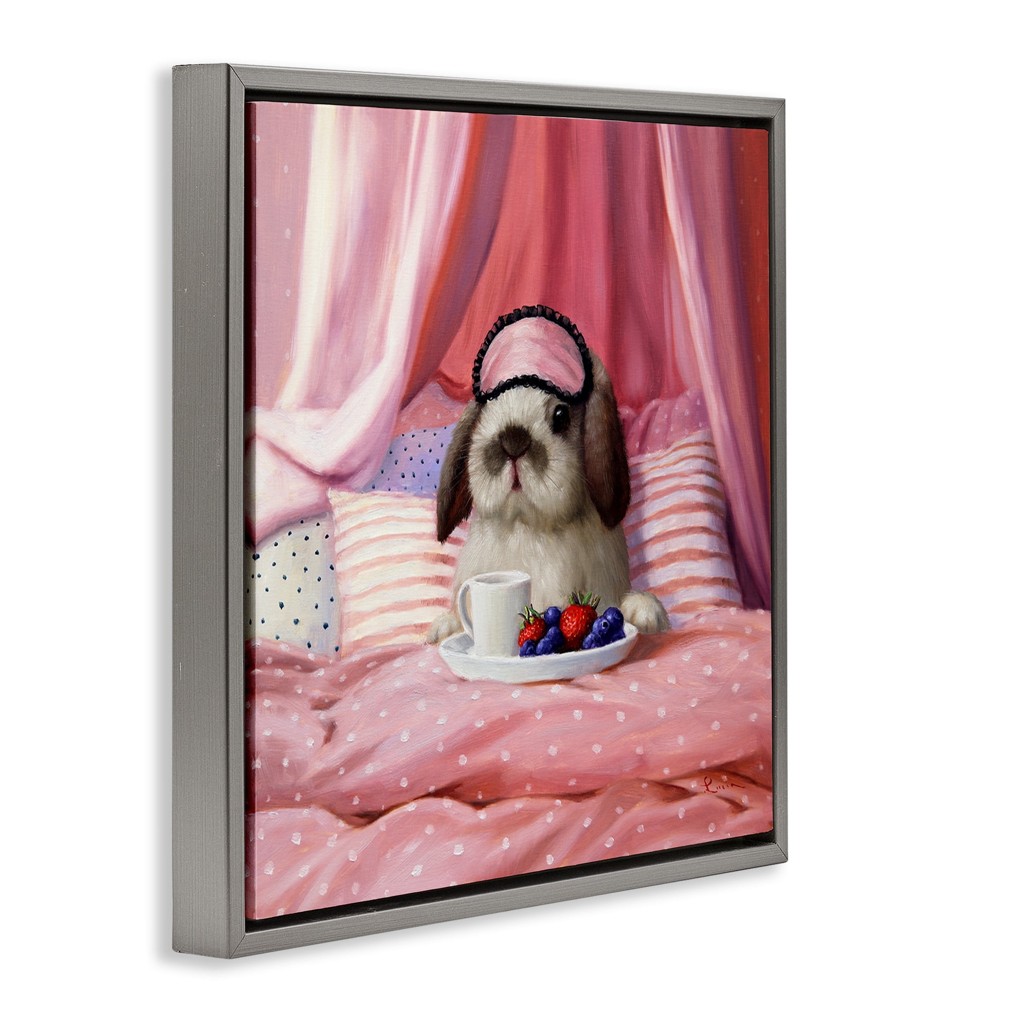 Stupell Industries Bunny with Breakfast In Bed Animals & Insects Painting Gray Floater Framed Canvas Art Print Wall Art, 18 x 18